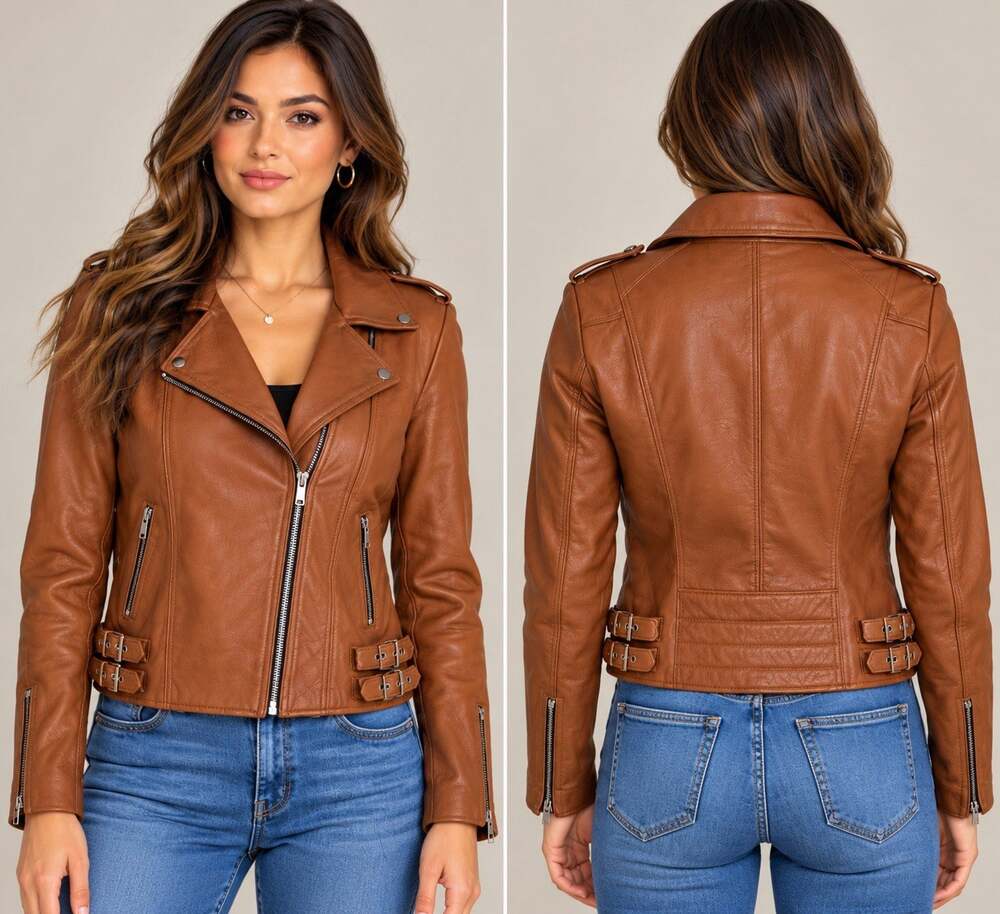 BCBGeneration Womens S Brown Genuine Lamb Leather Moto Biker Jacket